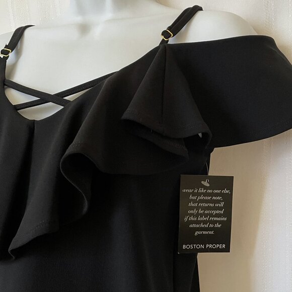 NWT Boston Proper Ruffled Cocktail Little Black Dress Open Shoulder XXS CUTE - Picture 4 of 10